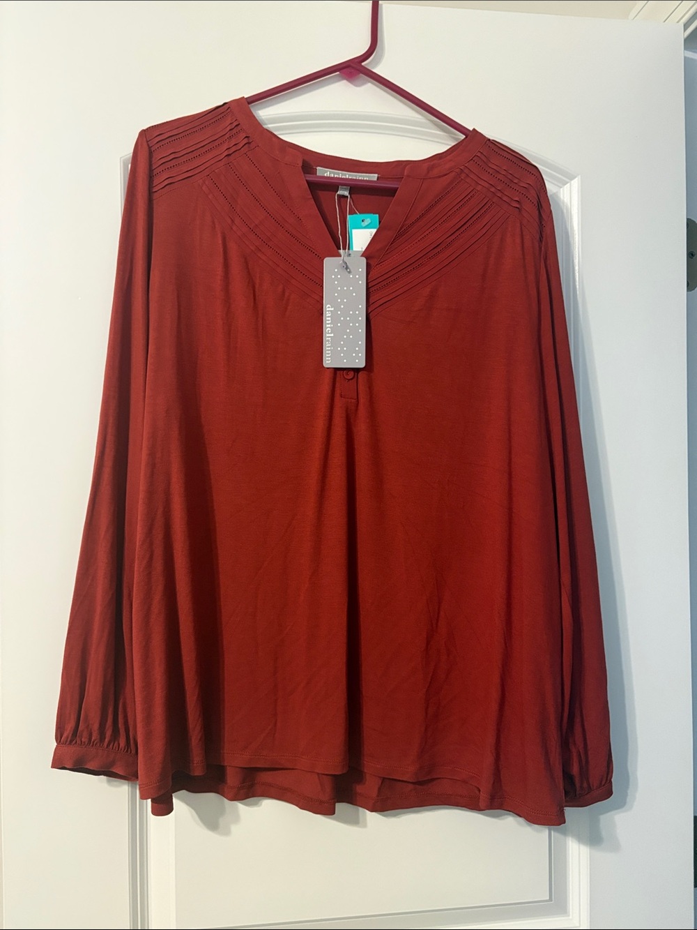Daniel Rainn Burnt Orange Long Sleeve Pintuck Yoke Blouse